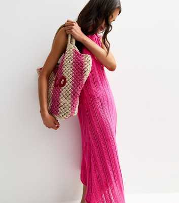 Sunshine Soul Bright Pink Crochet Tie Shoulder Midi Dress