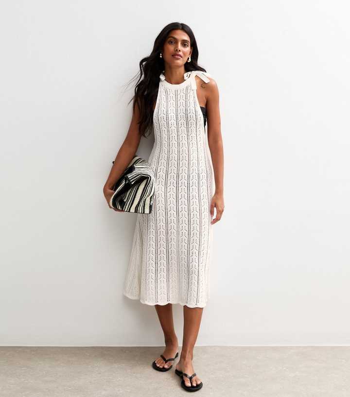 Sunshine Soul White Crochet Tie Shoulder Midi Dress