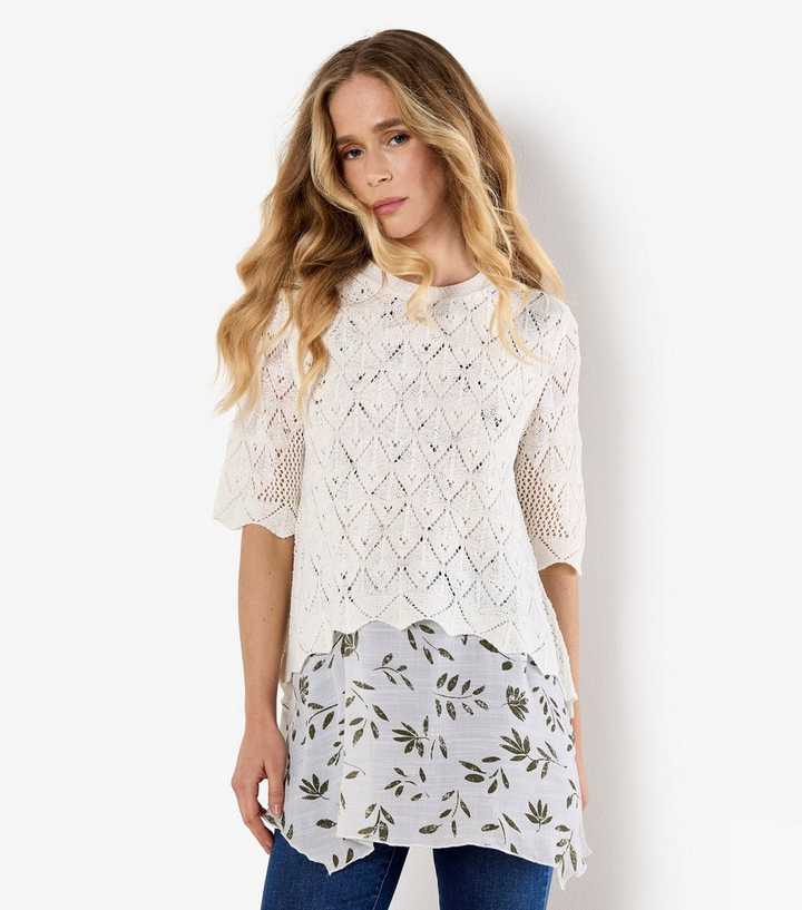 Apricot White Pointelle Knit Layered Tunic Top