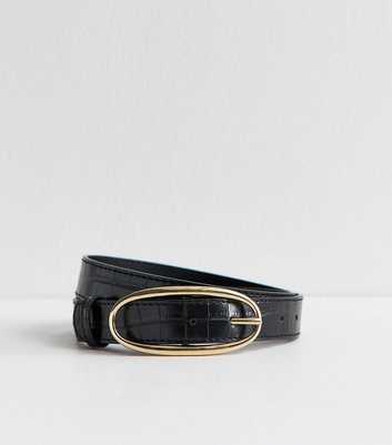 Black Faux Leather Croc Embossed Oval Buckle Belt