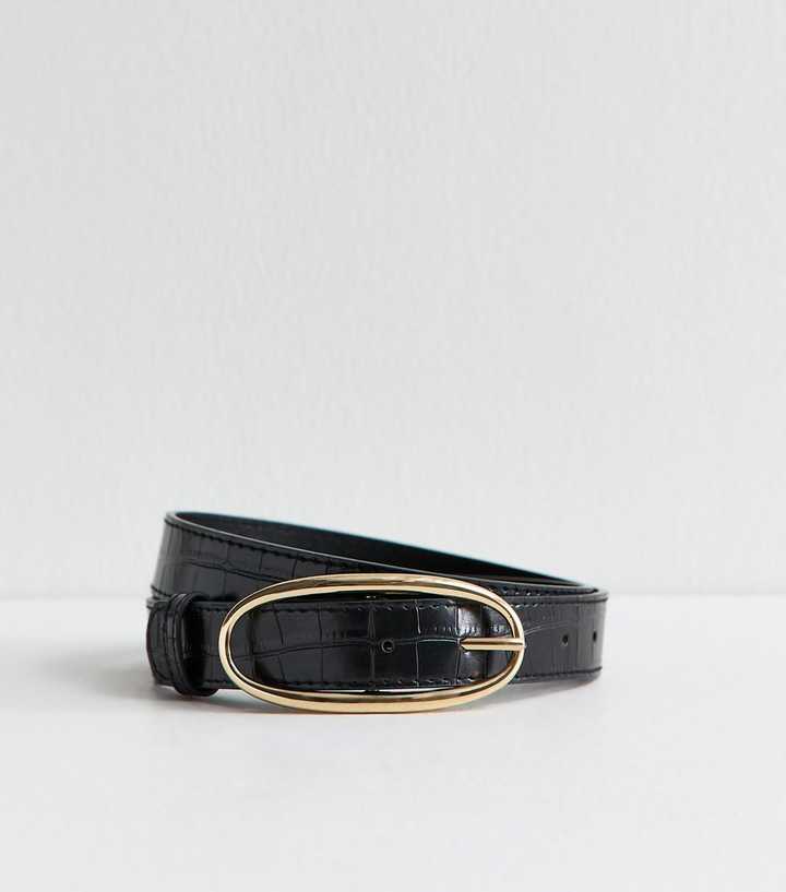 Black Faux Leather Croc Embossed Oval Buckle Belt