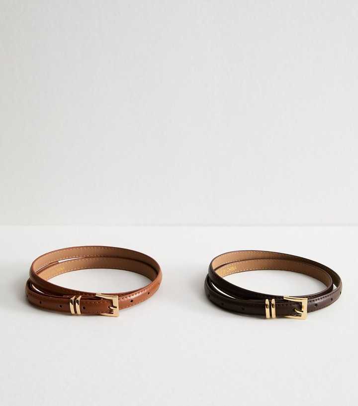 Pack Of 2 Brown Faux Leather Buckled Belts