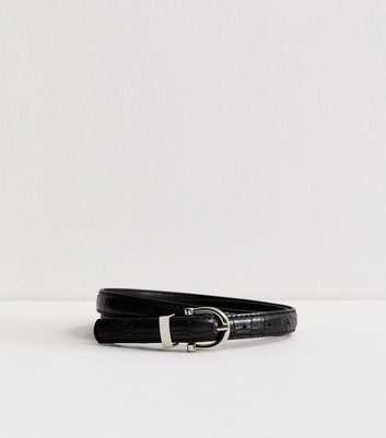 Black Faux Leather Croc Embossed Skinny Belt