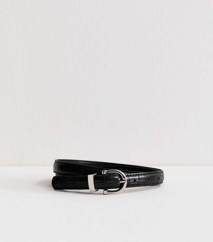 Black Faux Leather Croc Embossed Skinny Belt