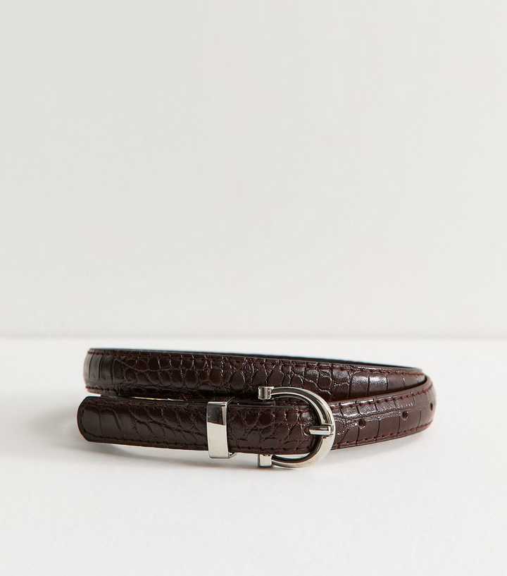 Dark Brown Faux Leather Croc Embossed Skinny Belt