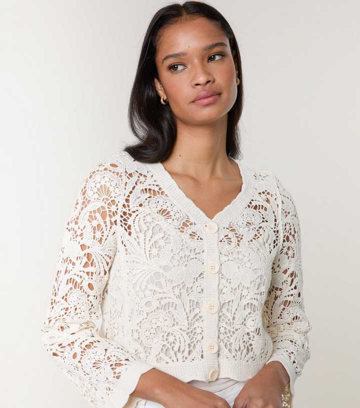 Blue Vanilla Off White Crochet Knit Cardigan New Look