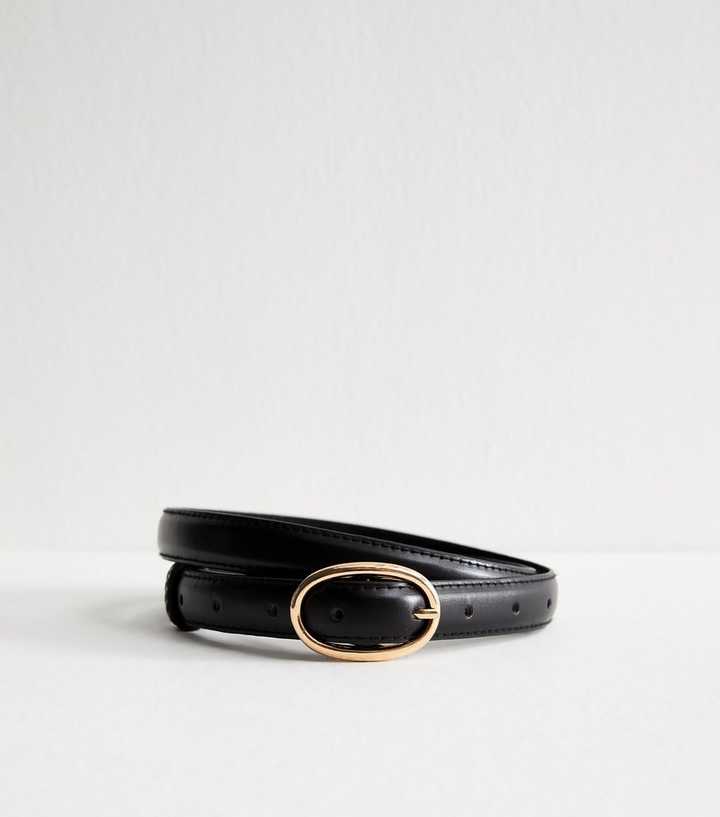 Black Oval Buckle Faux Leather Belt