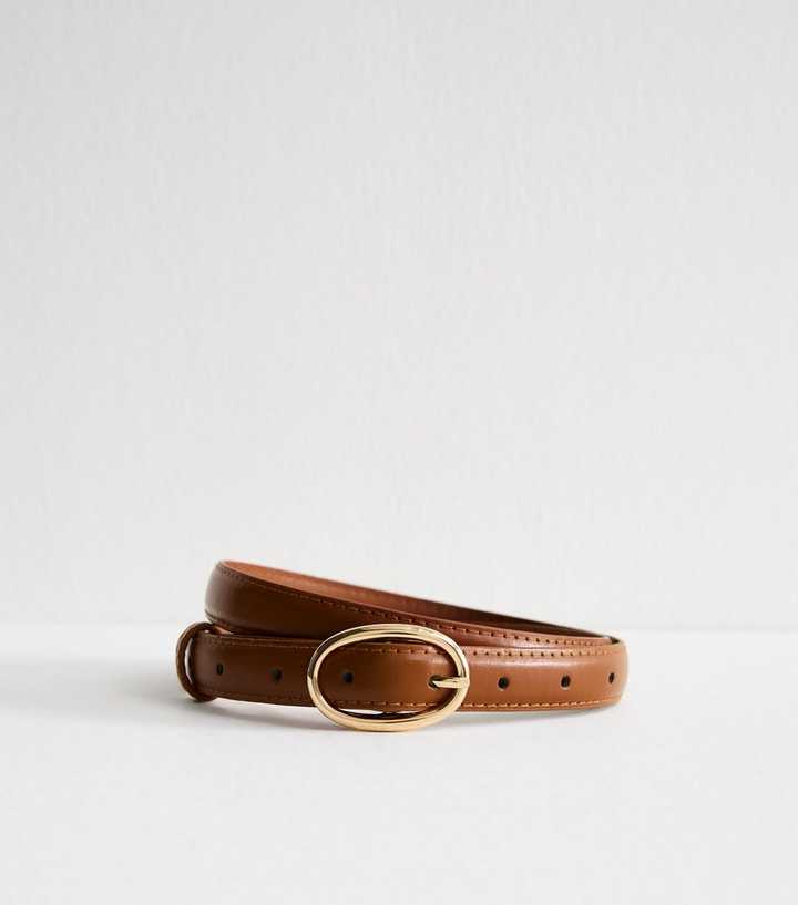 Brown Oval Buckle Faux Leather Belt