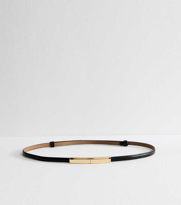 Black Faux Leather Bar Trim Skinny Belt