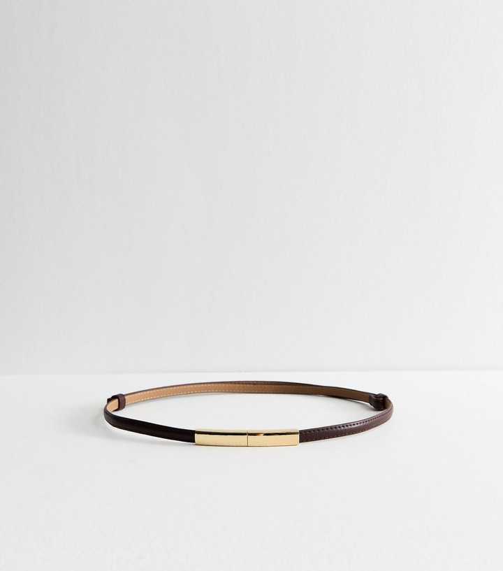 Dark Brown Faux Leather Bar Trim Skinny Belt
