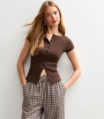 Brown Ribbed Button Up Baby Tee | New Look