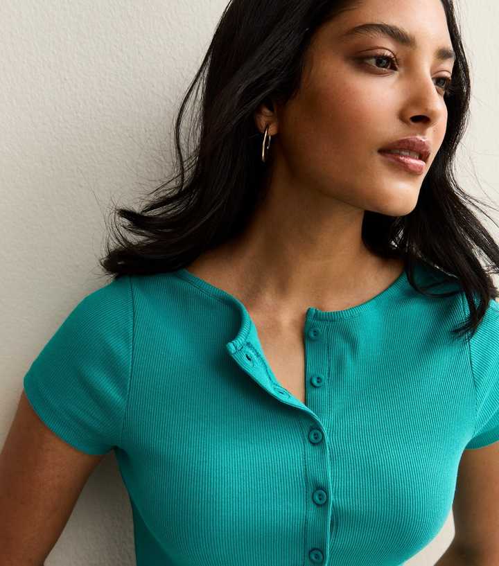 Teal Ribbed Button Up Baby Tee