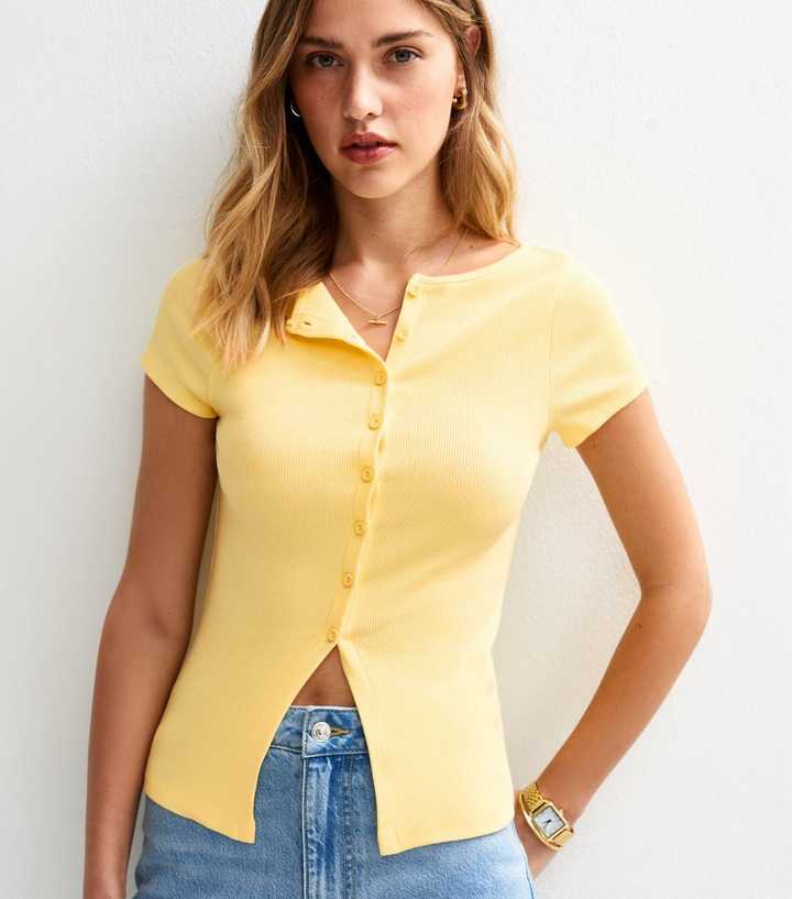 Yellow Ribbed Button Up Baby Tee | New Look