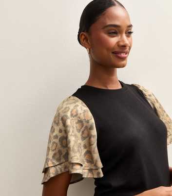 Black Soft Touch Animal Print Foil Flutter Sleeve Top