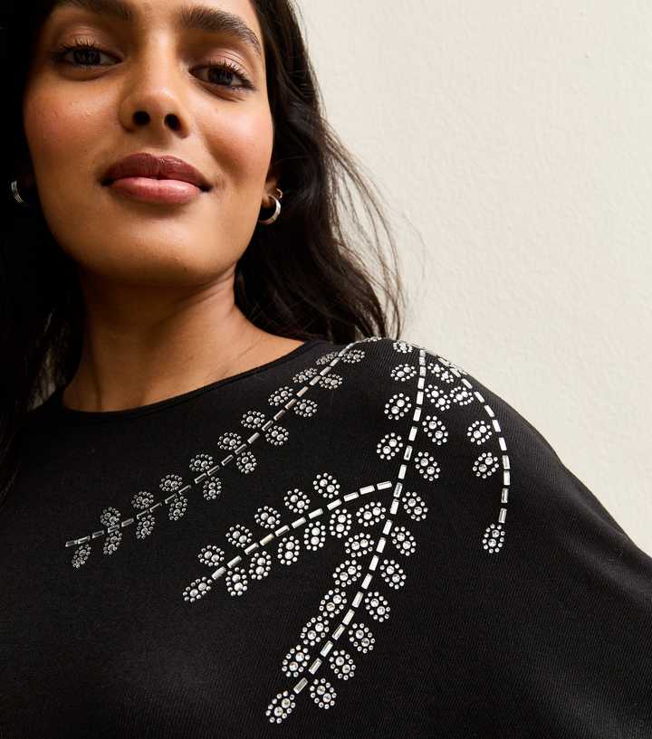 Black Soft Touch Embellished Batwing Sleeve Top