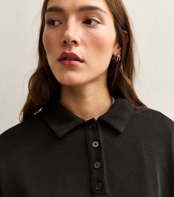 Black Soft Touch Longline Button Up Polo Top New Look