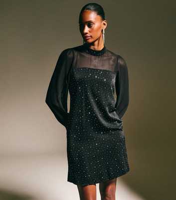Black Sheer Panelled Diamante Embellished Mini Dress