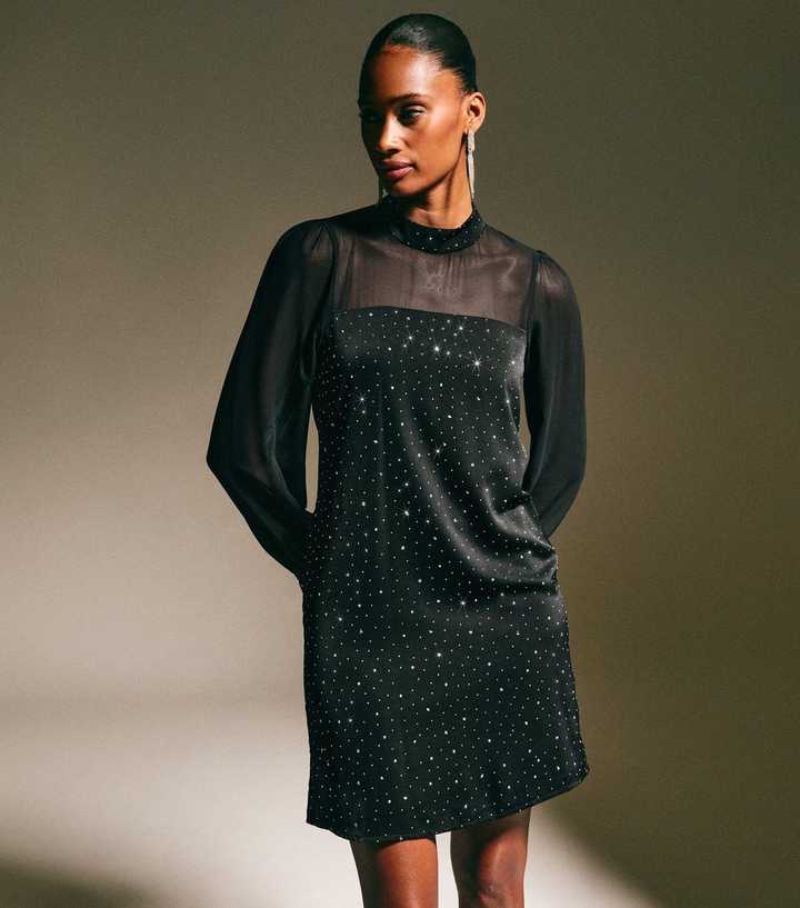 Black Sheer Panelled Diamante Embellished Mini Dress | New Look