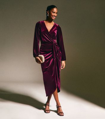 Burgundy Velvet Long Sleeve Wrap Midi Dress New Look