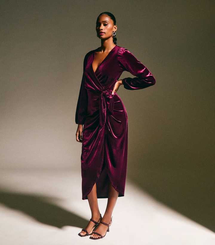 Burgundy Velvet Long Sleeve Wrap Midi Dress | New Look