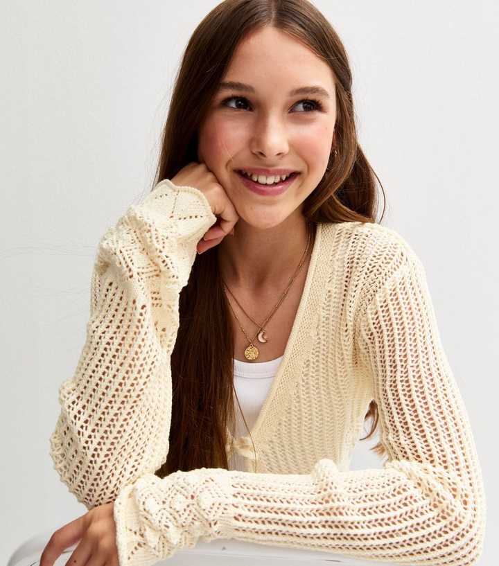 Girls Cream Open Knit Flared Sleeve Cardigan