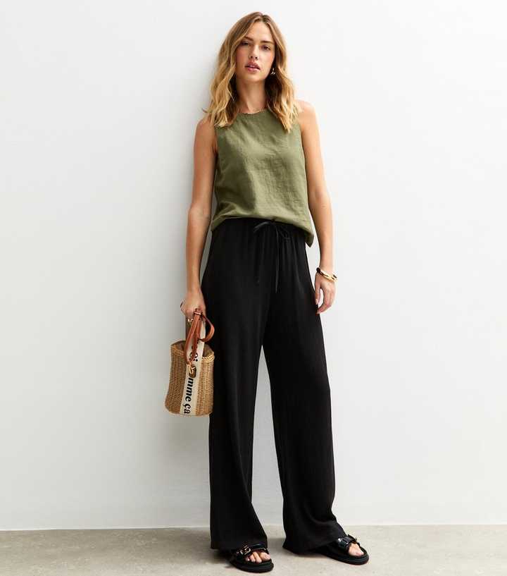 Black Linen Look Wide Leg Trousers