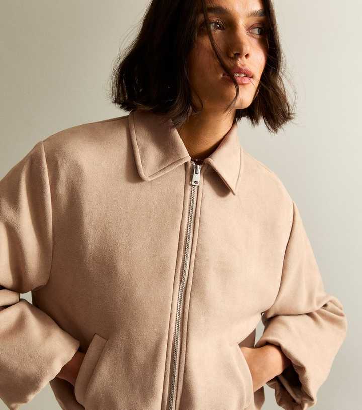 Stone Faux Suede Bubble Hem Bomber Jacket