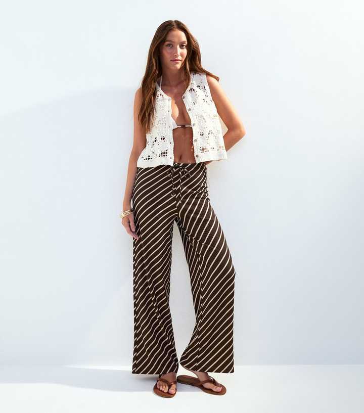 Brown Textured Stripe Wide Leg Trousers