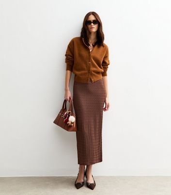 Dark Brown Textured Jersey Midi Skirt | New Look