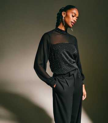Black Diamante Embellished Panelled Top