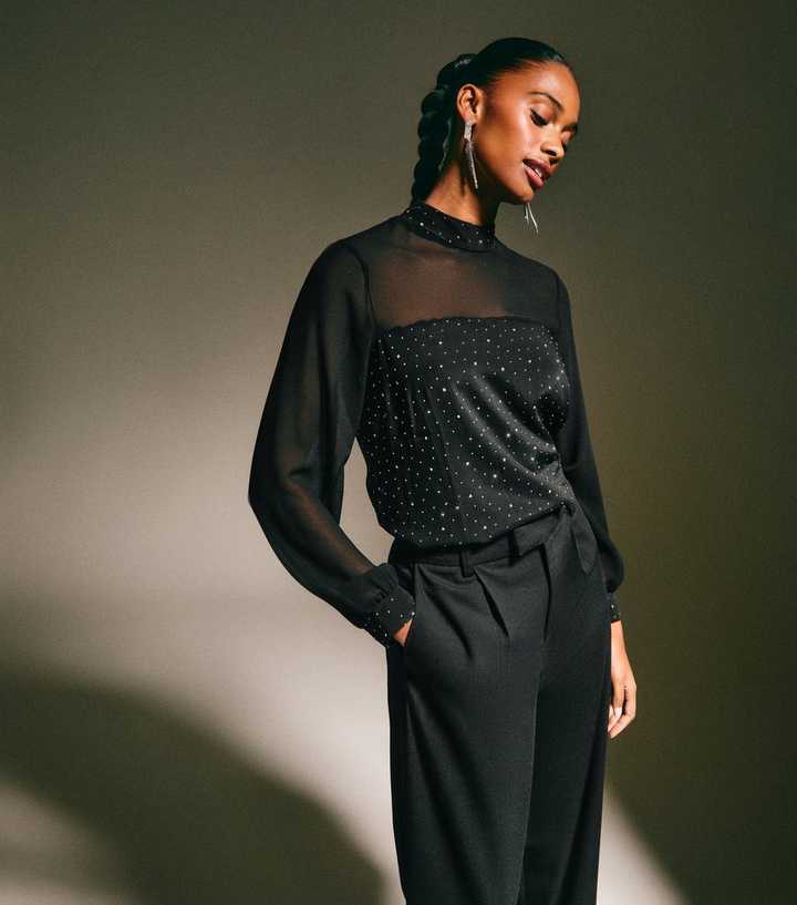 Black Diamante Embellished Panelled Top