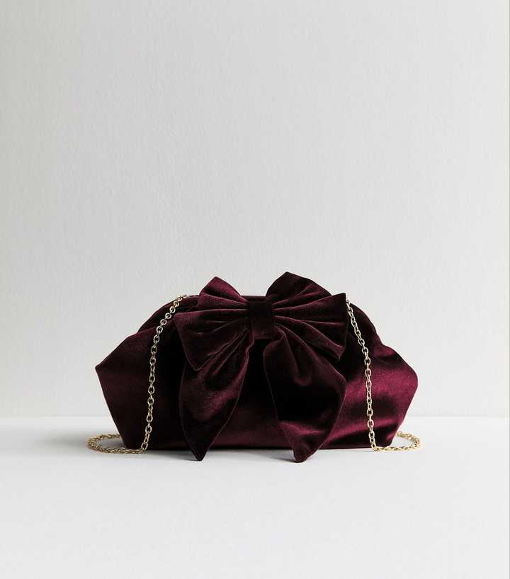 Burgundy Bow Applique Velvet Slouch Clutch Bag