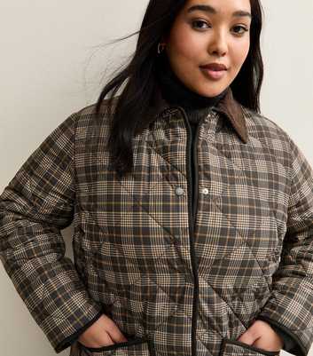Curves Brown Checked Quilted Padded Jacket
