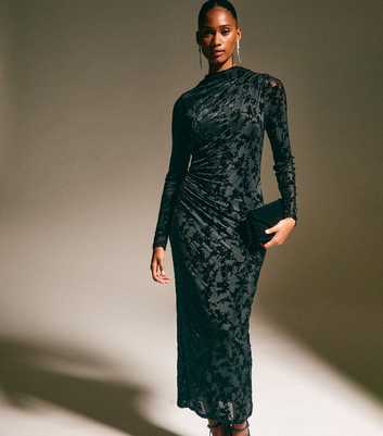 Black Velvet Floral Devore Long Sleeve Midi Dress