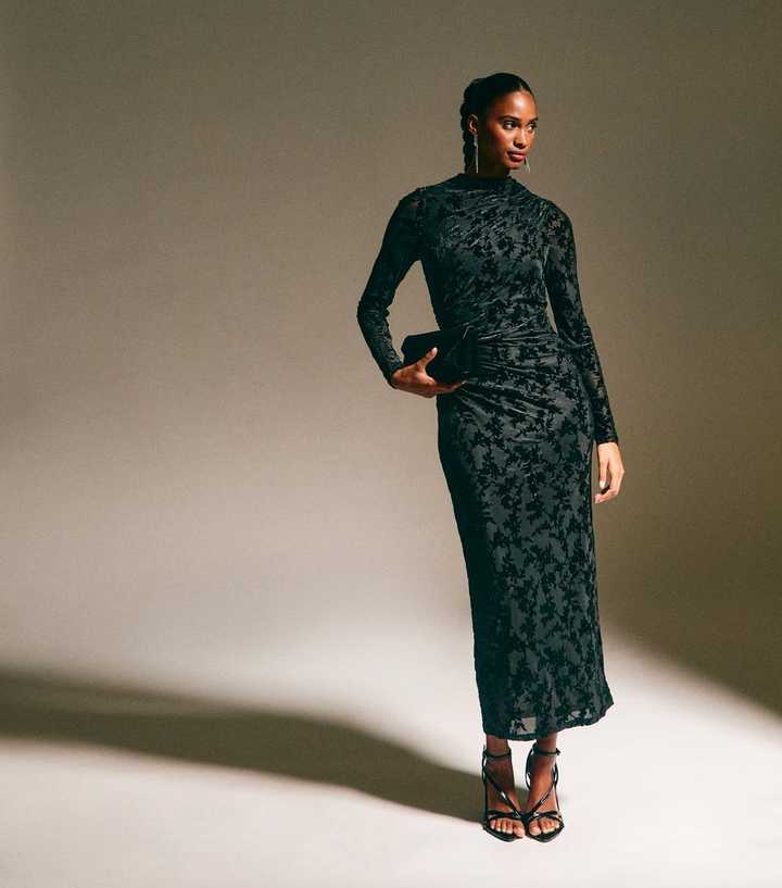 Black Velvet Floral Devore Long Sleeve Midi Dress | New Look