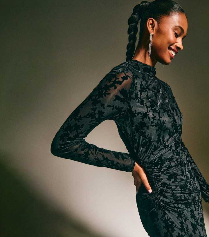Black Velvet Floral Devore Long Sleeve Midi Dress