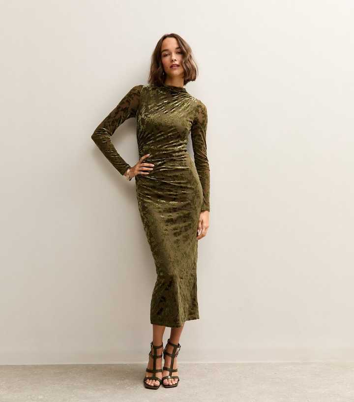 Light Khaki Velvet Floral Devore Long Sleeve Midaxi Dress | New Look