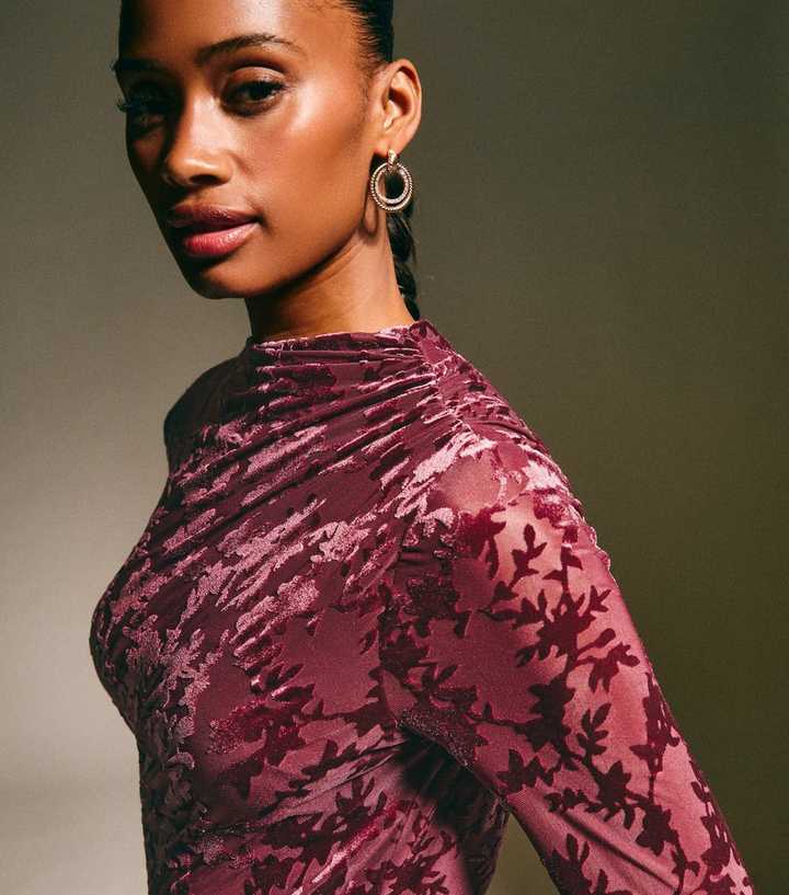 Burgundy Velvet Floral Devore Long Sleeve Midi Dress | New Look