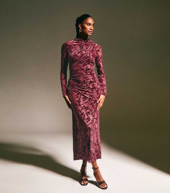 lululemon brunch dress Burgundy Floral V-Neck Long Sleeve Dress – By Quaint main image 1