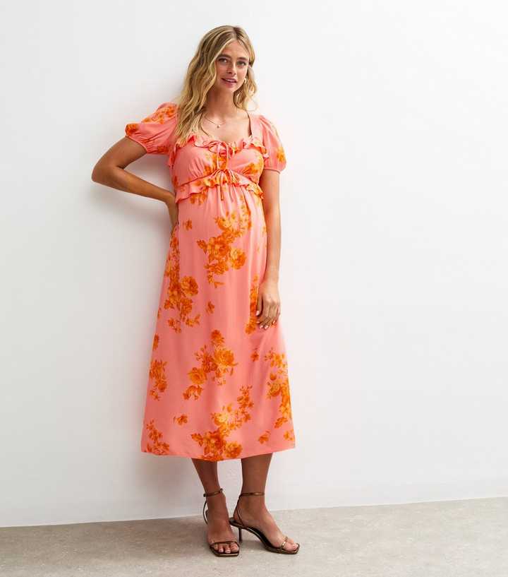 Maternity Pink Floral Print Milkmaid Ruffle Midi Dress