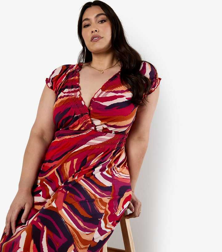 strapless open back dress Nevi Tiered Midi Dress In Pink With Red Swirl Print – St Frock main image 1