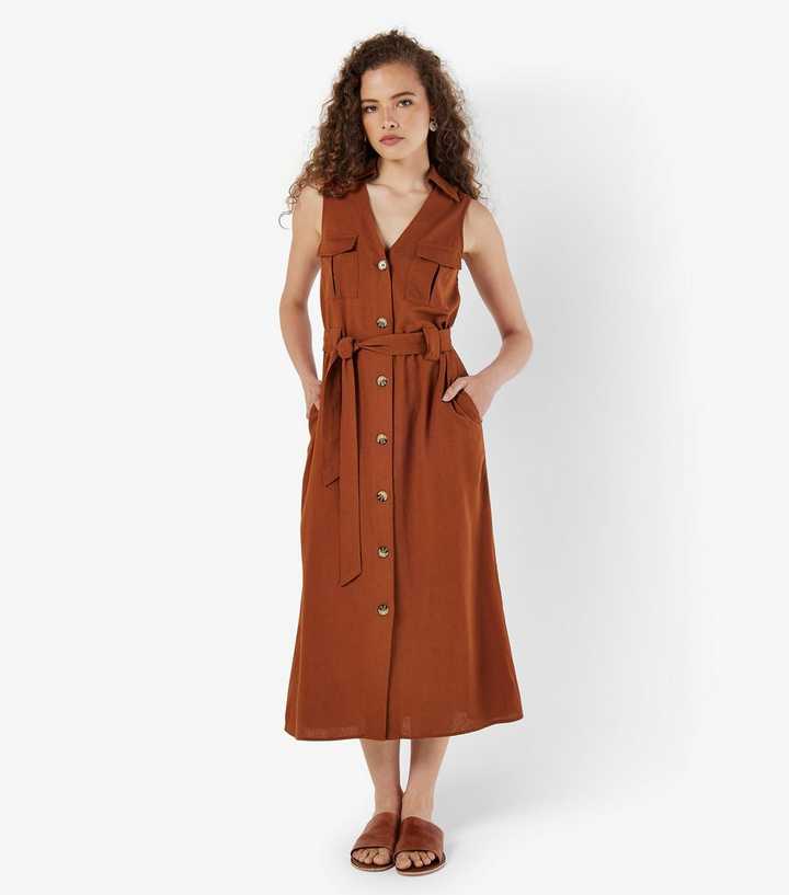 Apricot Rust Collared Sleeveless Utility Dress