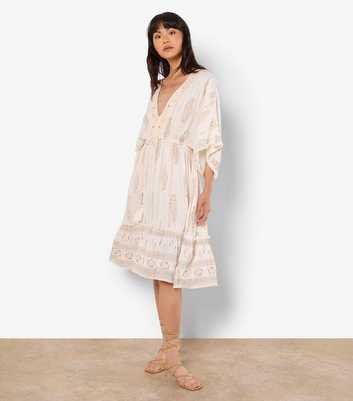 Apricot Off White Metallic Thread Paisley Pattern Midi Dress
