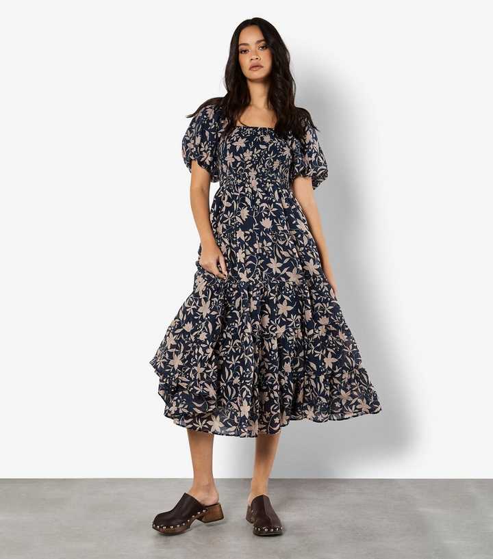 Apricot Navy Floral Print Tiered Midi Dress
