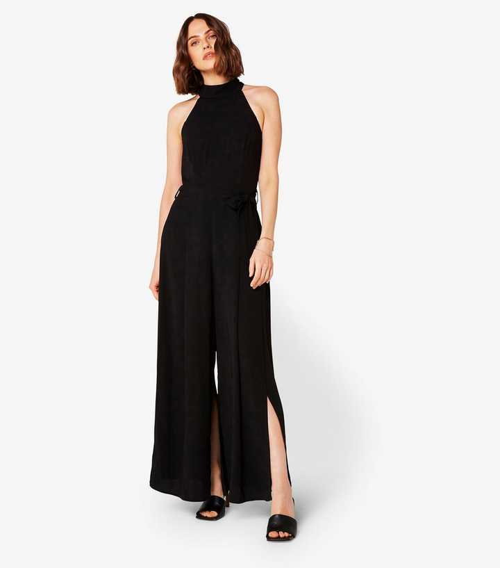 Apricot Black Halterneck Split Leg Jumpsuit