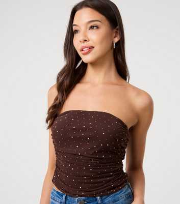 Pink Vanilla Brown Mesh Diamante Embellished Bandeau Top