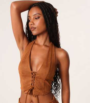 Pink Vanilla Brown Faux Suede Halter Top