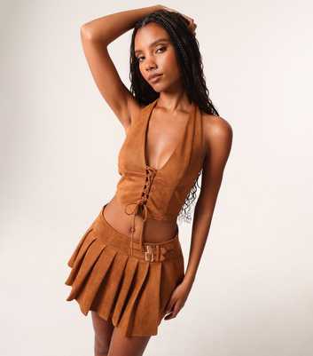 Pink Vanilla Brown Faux Suede Pleated Skirt