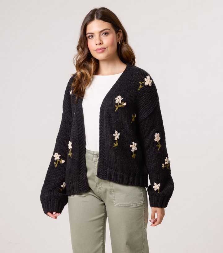 Blue Vanilla Black Floral Embroidered Cardigan