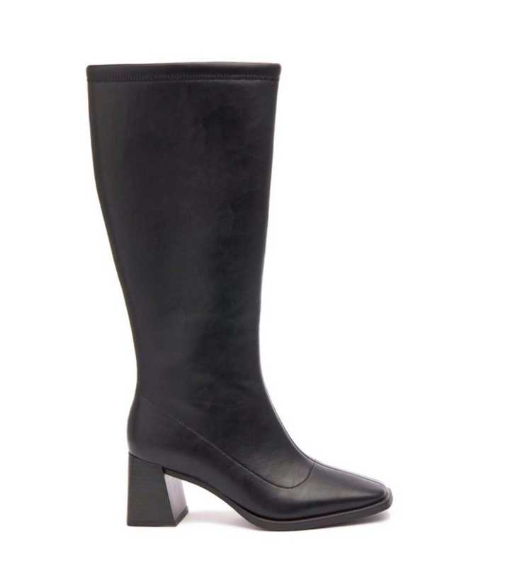 London Rebel Black Faux Leather Block Heel Knee High Boots